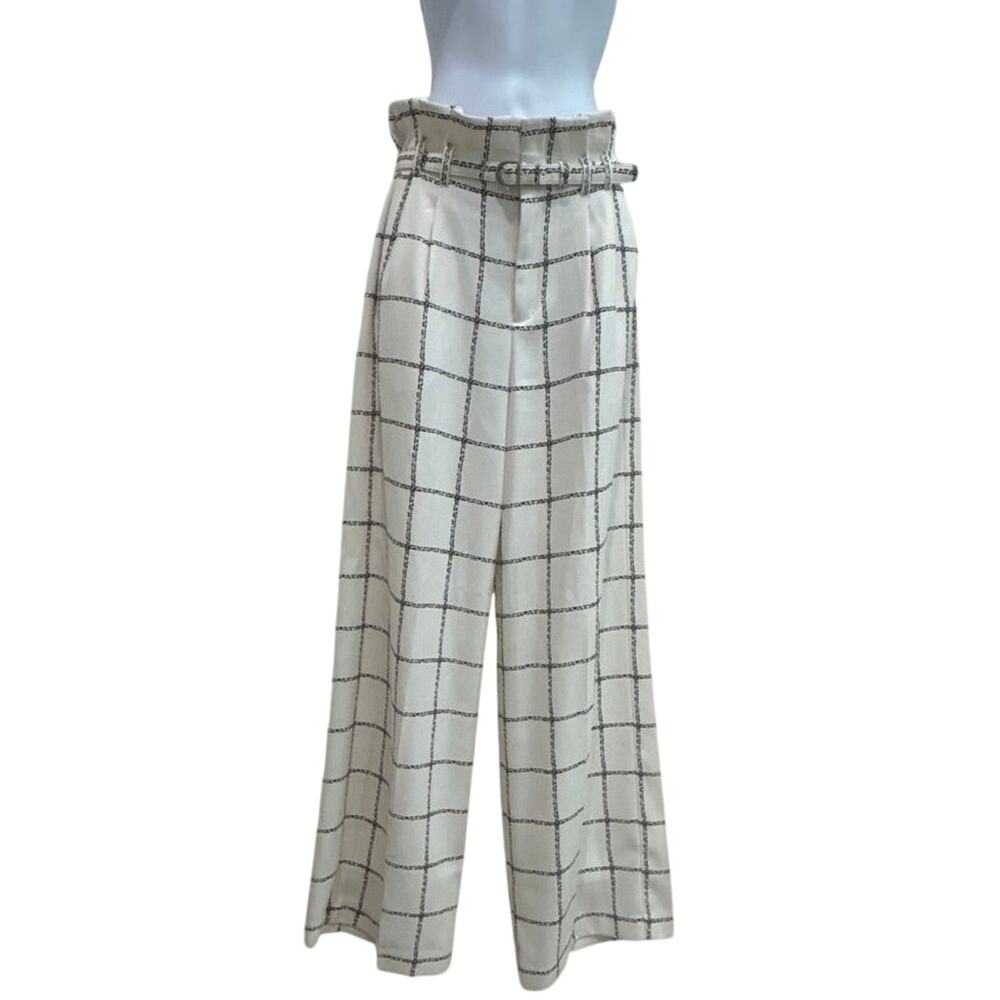 Express dress pant trousers wide leg high rise pleated Wht/Blk check women’s OR